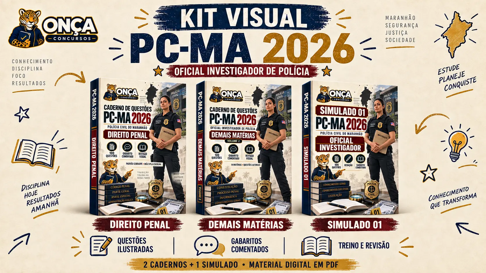 Capa do material PC-MA Oficial Investigador da Onça Concursos